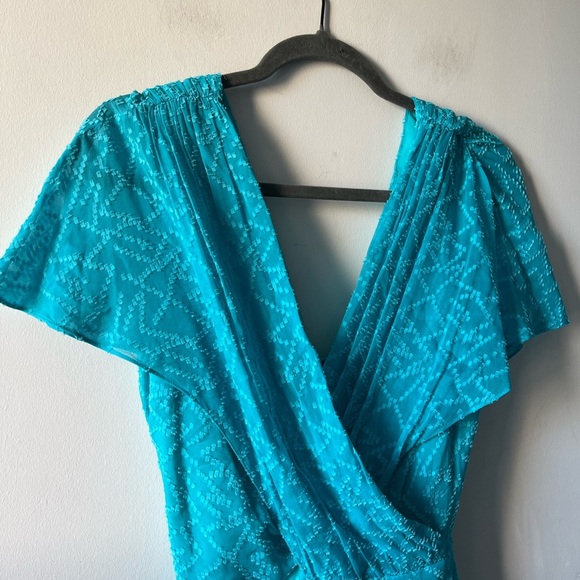 Alice & Olivia Silk-Cotton Tie-Waist Wrap Turquoise Dress - 8 - Picture 2 of 15